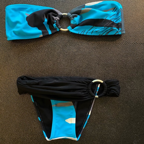 Low-rise bikini bottom, wide waistband, strapless top, goldtone, S, Brazilian - Picture 3 of 5